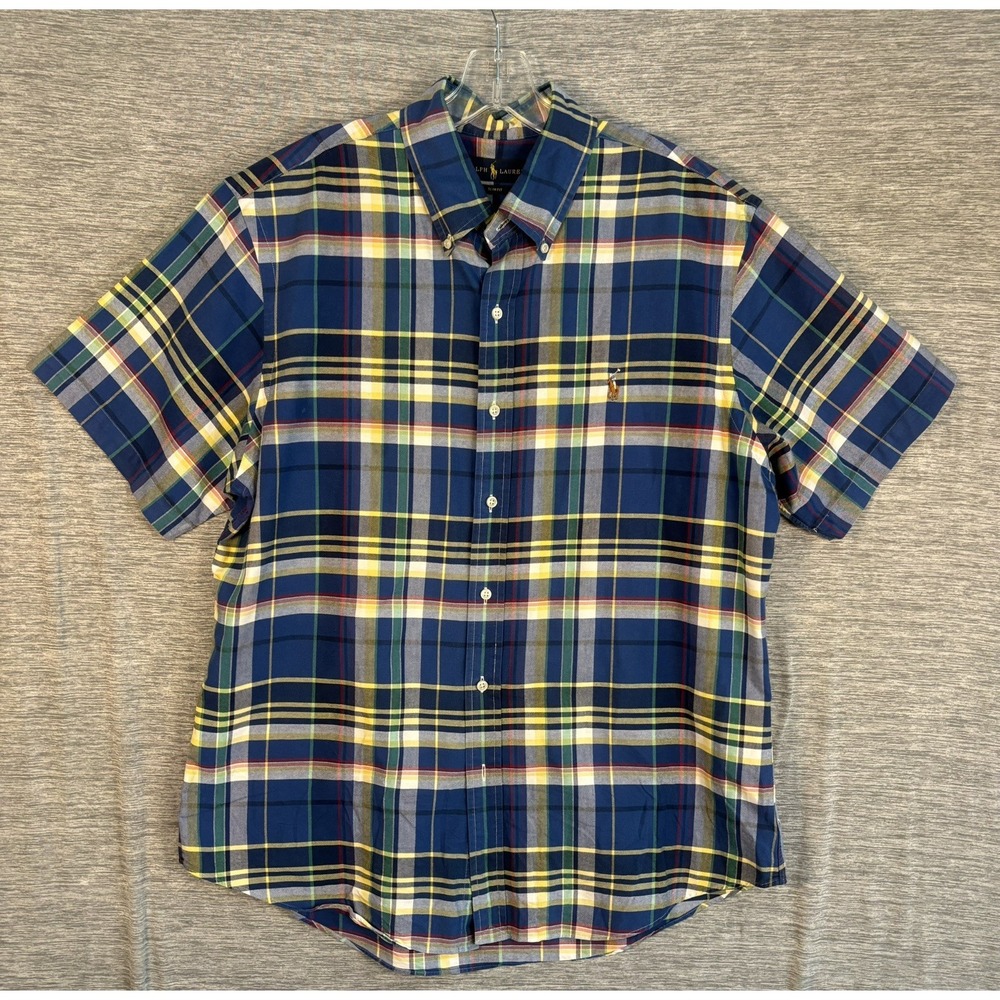 Ralph Lauren Men's XL Slim Fit Short Sleeve Button Down Plaid Shirt Blue